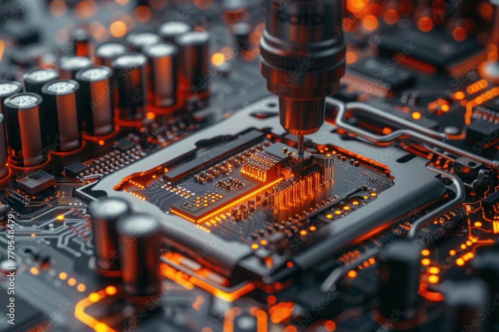 Aufkleber a detailed look at the intricate components of a computer motherboard, showcasing the circuits and c