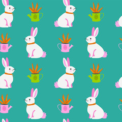 Spring pattern, hare, rabbit, bouquet of carrots, watering can, bright.