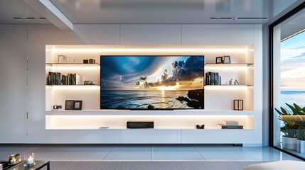 A sleek, white media wall in a minimalist home, featuring a large flat-screen TV surrounded by recessed lighting and floating shelves displaying curated artwork. - obrazy, fototapety, plakaty