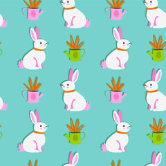 Spring pattern, hare, rabbit, bouquet of carrots, watering can, bright.
