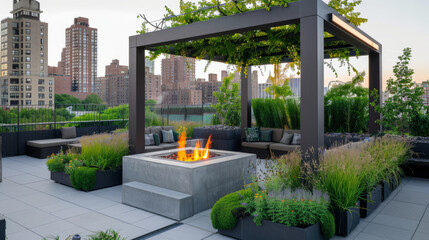 An inviting rooftop setting with a sleek fire pit, luxury seating and stunning views of the city's architecture - obrazy, fototapety, plakaty