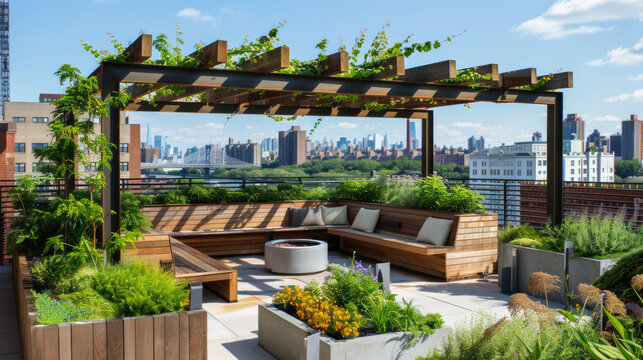 A spacious and stylish rooftop terrace featuring comfortable benches and a panoramic city skyline view
