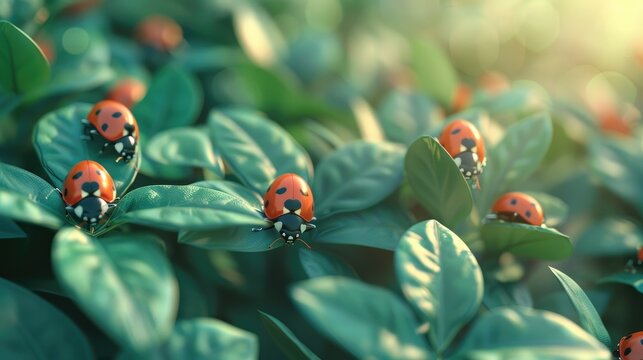 Adorable Ladybugs Crawling on Lush Green Leaves in a Vibrant Natural Environment