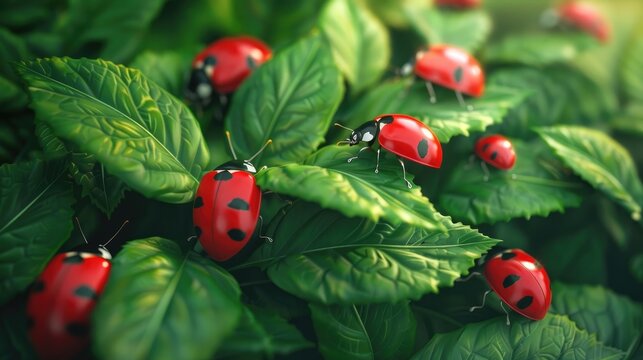 Colorful Ladybugs Crawling on Vibrant Green Leaves in a Lush Natural Garden Environment