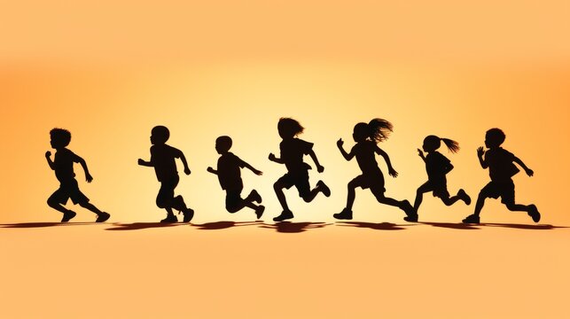 Silhouettes of running children on an orange background