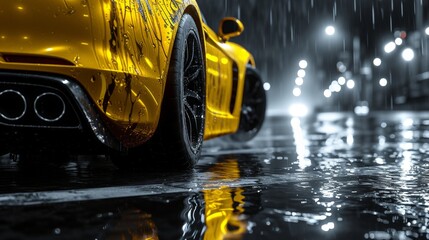 Bright Yellow Sports Car Driving Through the Rainy Night Streets, Closeup Shot of Speeding Vehicle...