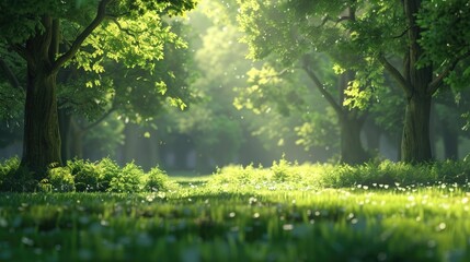 Lush Greenery in a Summer Forest Landscape with Warm Sunlight Filtering Through Verdant Foliage