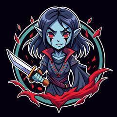 Fototapeta na wymiar Summon the Chills Design a spine-tingling t-shirt sticker featuring a horror girl wielding a menacing sword in the dead of night