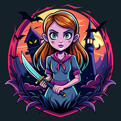 Summon the Chills Design a spine-tingling t-shirt sticker featuring a horror girl wielding a menacing sword in the dead of night