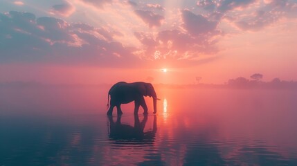Fototapeta na wymiar Lonely elephant stands on foggy lake at sunset,copy space,high luxury details,illustration,isolated on a light background