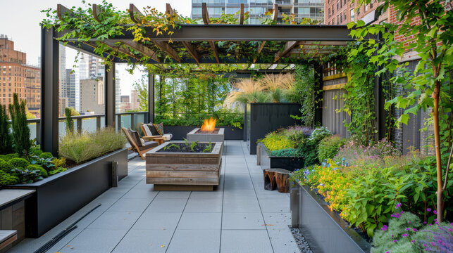This image displays a lush garden terrace with a fire pit and ample seating, set against an urban backdrop