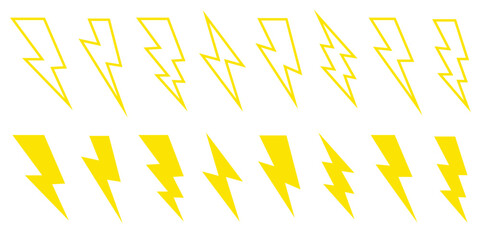 Yellow set of lightning bolt. Thunderbolt flat style vector illustration isolated on white background.