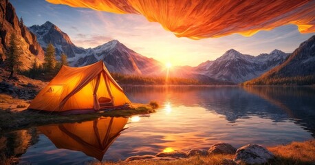 A cozy tent under a vivid orange canopy overlooks a serene alpine lake at sunset. The surrounding mountains are bathed in a warm, golden hue. AI generation