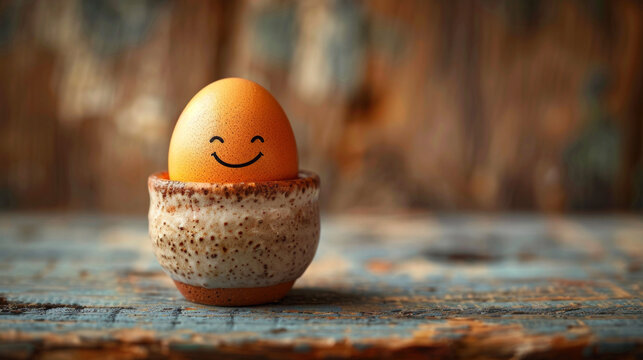 Smiling egg in a cozy ceramic cup. National Egg Day and cooking concept.