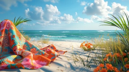 Vibrant Beach Sarongs in Tropical Prints Set Against Serene Ocean Landscape - obrazy, fototapety, plakaty
