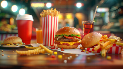 A vibrant display of a fast food meal including a burger, fries, and a drink, on a colorful blurred cafeteria background