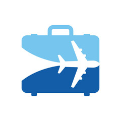 Logo travel. Silueta de maleta de viaje con avión en espacio negativo para agencia de viajes - 770551226