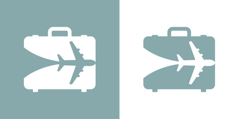 Logo travel. Silueta de maleta de viaje con avión en espacio negativo para agencia de viajes - 770551449