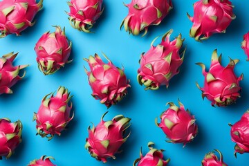 Fresh dragon fruit on a vibrant blue background, top view of ripe tropical fruit with bright pink skin, flat lay concept