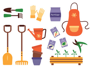 Set of elements of gardening tools shovel, rake, plants and seeds. Gardening concept