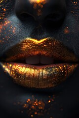 Macro shot of lips artistically adorned with black texture and sparkling gold glitter. - obrazy, fototapety, plakaty