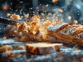 A knife slicing through a loaf of bread held by someones hands.