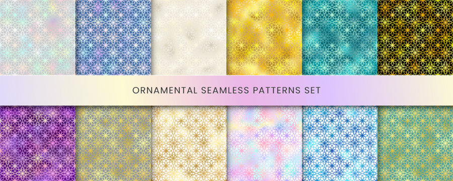 Arabic style seamless patterns set. Vector shiny holographic oriental ornaments, abstract gold, blue, green gradient background. Islamic traditional textures for backgrounds, decoration, wallpapers.