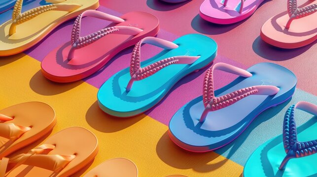 Playful Cartoon 3D Rendered Flip-Flops in Vibrant,Colorful Designs on Minimalist Background