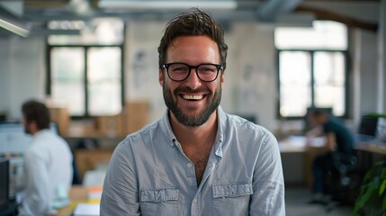 Obraz premium man who is smiling brightly in the office, Having fun at work day , Generative Ai 