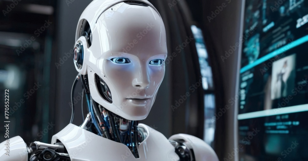 Poster a female android interacts with a high-tech interface, her blue eyes reflecting the data. this image