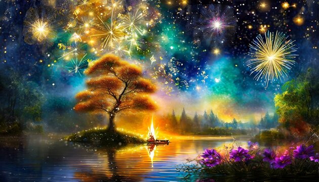 fireworks in the sky wallpaper graffiti on the wall, wallpaper texted Magical world of painting