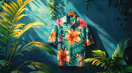 Vibrant Tropical Hawaiian Shirt with Floral Pattern and Lush Foliage Background from 3D Render