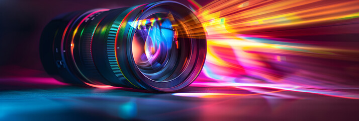 Zoom camera lens on colorful background,Camera lens with lens reflections on background. - obrazy, fototapety, plakaty