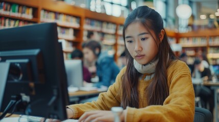 Attractive Multiethnic Student Creating a Business Research Presentation on a Desktop Computer. Young Stylish Female Studying in a University Library with Other People in the Background