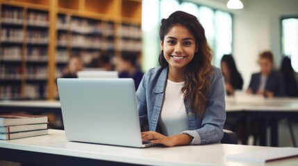Attractive Multiethnic Student Creating a Business Research Presentation on a Desktop Computer. Young Stylish Female Studying in a University Library with Other People in the Background - obrazy, fototapety, plakaty