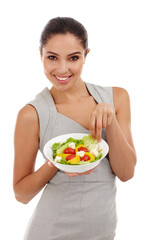 Woman, portrait and fashion in studio with salad for healthy living, vegan meal and vegetables with nutrition. Model, face and happy with diet lunch, feta snack and organic food on a white background