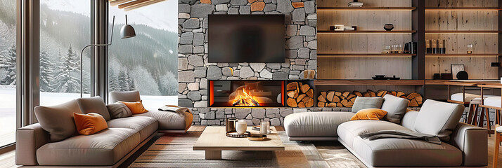 Contemporary Living Room with Fireplace, Combining Modern Design with Traditional Warmth for a Cozy Home Environment