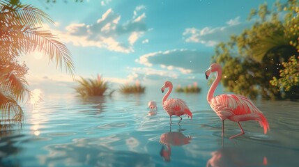 Flamingos Wading in Tranquil Tropical Lake at Sunset or Sunrise
