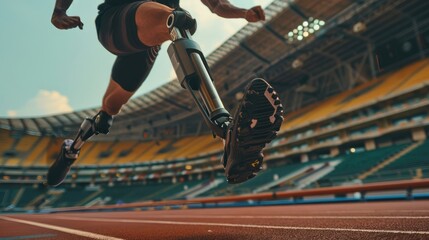 an athlete running around the stadium with a prosthetic leg. A disabled athlete. Healthy lifestyle, living with a disability