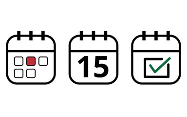 Three hollow calendar flat icons isolated on white background, Calendar icon with specific day marked, day 15. Icons for websites, blogs and graphic resources.