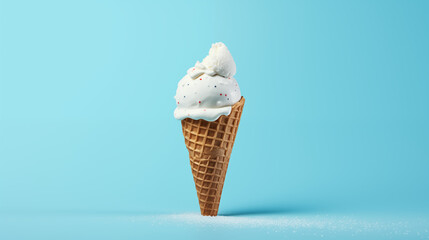 Highly Tempting Vanilla Ice cream cone Held Against Cool Blue Background Summertime Treat
