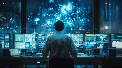 A tech professional meticulously analyzes a vast array of data across multiple screens, epitomizing expertise and sophisticated technology use