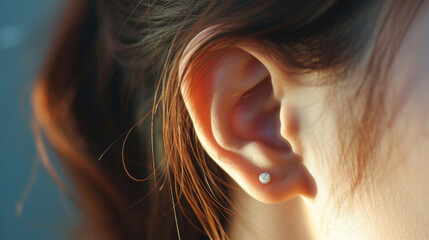 Close-up image of a woman's ear with a small round silver earring measuring 3mm in diameter. The woman has long brown hair and fair skin. The image shows a side view with no visible face. - obrazy, fototapety, plakaty