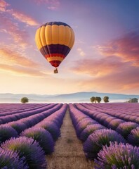 Fototapeta premium A vibrant sunset casts a golden glow over rows of lavender, with hot air balloons adding a touch of adventure to the tranquil scene. The evening light creates a stunning visual symphony. AI generation
