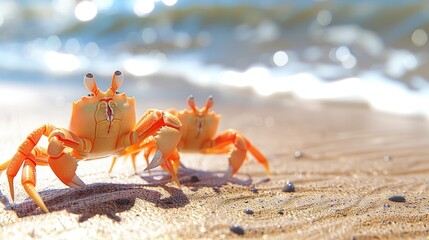 Crabs Scuttling on the Sandy Seashore in Sunny Coastal Environment - obrazy, fototapety, plakaty