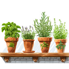 Potted herbs on a windowsill isolated on white background, detailed, png
