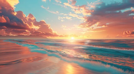 Serene Sunset Casting Warm Hues Over Stunning Tropical Beach Landscape with Crashing Waves and Reflective Waters