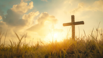 Ascension day concept. The cross on meadow autumn sunrise background., orthodox easter