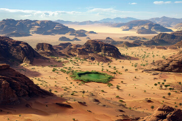 Fototapeta na wymiar An Oasis in the Desert: The Vast Desert Landscape in the Distance, with a Verdant Area at Its Heart Symbolizing a Source of Life, Is Striking