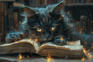 A magical cat with glowing eyes reading a spell book in an ancient library, for a mystical pet-themed game. - obrazy, fototapety, plakaty